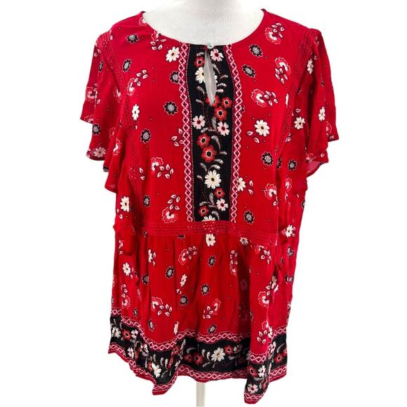 NWT J. Jill Ruffled Sleeve floral Top boho float sz 1x red black - Picture 4 of 9